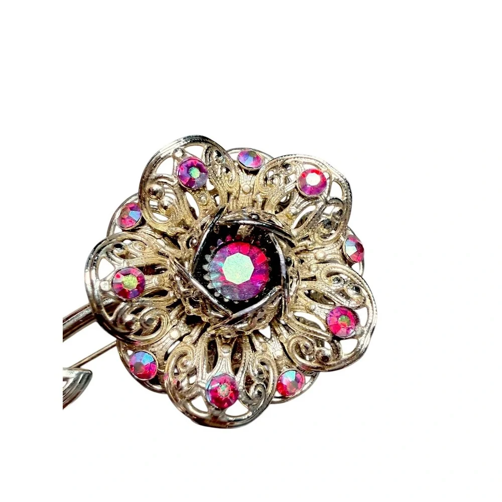 Vintage Sarah Coventry Aurora Borealis Flower Brooch Gold Tone Rhinestone Pin